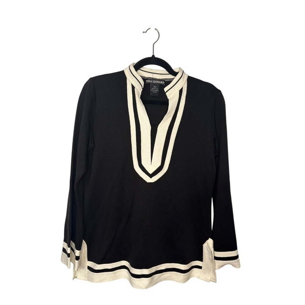 Nina Leonard Black Tunic Top Long Sleeve Cream Trim - Women's Size Small